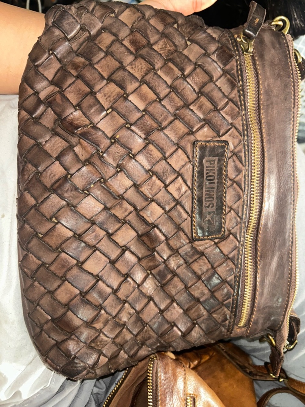 PIKOLINOS Woven Leather Messenger Bag in Brown